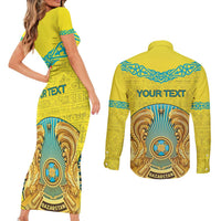 Personalized Kazakhstan Emblem Couples Matching Short Sleeve Bodycon Dress and Long Sleeve Button Shirt Kazakh Pattern