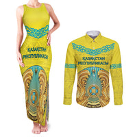 Personalized Kazakhstan Emblem Couples Matching Tank Maxi Dress and Long Sleeve Button Shirt Kazakh Pattern