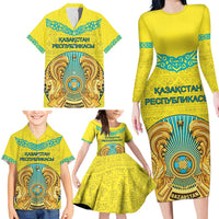 Personalized Kazakhstan Emblem Family Matching Long Sleeve Bodycon Dress and Hawaiian Shirt Kazakh Pattern