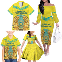 Personalized Kazakhstan Emblem Family Matching Off The Shoulder Long Sleeve Dress and Hawaiian Shirt Kazakh Pattern