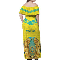 Personalized Kazakhstan Emblem Family Matching Off Shoulder Maxi Dress and Hawaiian Shirt Kazakh Pattern