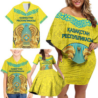 Personalized Kazakhstan Emblem Family Matching Off Shoulder Short Dress and Hawaiian Shirt Kazakh Pattern