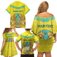 Personalized Kazakhstan Emblem Family Matching Off Shoulder Short Dress and Hawaiian Shirt Kazakh Pattern