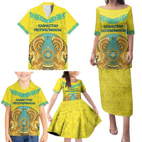 Personalized Kazakhstan Emblem Family Matching Puletasi and Hawaiian Shirt Kazakh Pattern