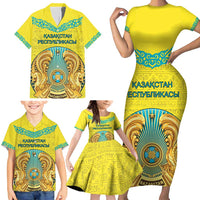 Personalized Kazakhstan Emblem Family Matching Short Sleeve Bodycon Dress and Hawaiian Shirt Kazakh Pattern