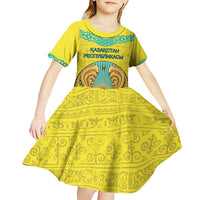 Personalized Kazakhstan Emblem Kid Short Sleeve Dress Kazakh Pattern