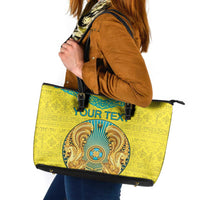 Personalized Kazakhstan Emblem Leather Tote Bag Kazakh Pattern