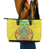 Personalized Kazakhstan Emblem Leather Tote Bag Kazakh Pattern