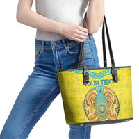 Personalized Kazakhstan Emblem Leather Tote Bag Kazakh Pattern