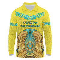 Personalized Kazakhstan Emblem Long Sleeve Polo Shirt Kazakh Pattern