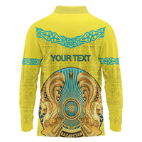 Personalized Kazakhstan Emblem Long Sleeve Polo Shirt Kazakh Pattern