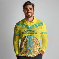 Personalized Kazakhstan Emblem Long Sleeve Polo Shirt Kazakh Pattern