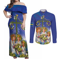 Swedish Glad Midsommar Couples Matching Off Shoulder Maxi Dress and Long Sleeve Button Shirt Hade du en bra Midsommar