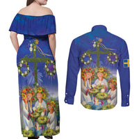 Swedish Glad Midsommar Couples Matching Off Shoulder Maxi Dress and Long Sleeve Button Shirt Hade du en bra Midsommar