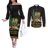Mexico Cinco de Mayo Couples Matching Off The Shoulder Long Sleeve Dress and Long Sleeve Button Shirt Viva la Fiesta!