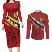 Personalized National Flag Of Romania Day Couples Matching Long Sleeve Bodycon Dress and Long Sleeve Button Shirt Coat of arms