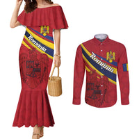 Personalized National Flag Of Romania Day Couples Matching Mermaid Dress and Long Sleeve Button Shirt Coat of arms
