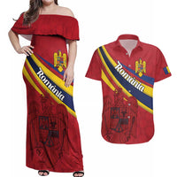 Personalized National Flag Of Romania Day Couples Matching Off Shoulder Maxi Dress and Hawaiian Shirt Coat of arms