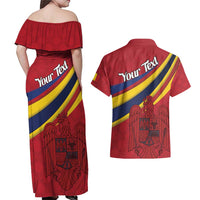 Personalized National Flag Of Romania Day Couples Matching Off Shoulder Maxi Dress and Hawaiian Shirt Coat of arms