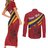 Personalized National Flag Of Romania Day Couples Matching Short Sleeve Bodycon Dress and Long Sleeve Button Shirt Coat of arms