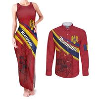 Personalized National Flag Of Romania Day Couples Matching Tank Maxi Dress and Long Sleeve Button Shirt Coat of arms
