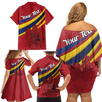 Personalized National Flag Of Romania Day Family Matching Off Shoulder Short Dress and Hawaiian Shirt Coat of arms