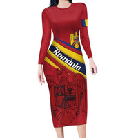 Personalized National Flag Of Romania Day Long Sleeve Bodycon Dress Coat of arms