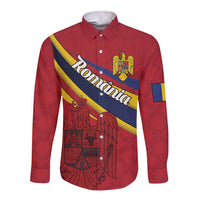 Personalized National Flag Of Romania Day Long Sleeve Button Shirt Coat of arms