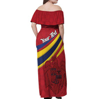 Personalized National Flag Of Romania Day Off Shoulder Maxi Dress Coat of arms