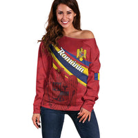 Personalized National Flag Of Romania Day Off Shoulder Sweater Coat of arms