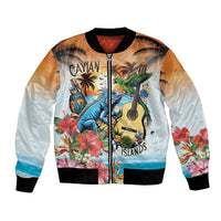 Cayman Islands Bomber Jacket Iguanas And Parrot Hisbius Flower - Wonder Print Shop