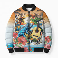 Cayman Islands Bomber Puffer Jacket Iguanas And Parrot Hisbius Flower - Wonder Print Shop
