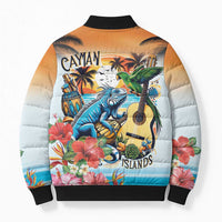 Cayman Islands Bomber Puffer Jacket Iguanas And Parrot Hisbius Flower - Wonder Print Shop