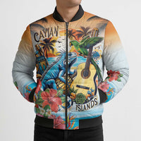 Cayman Islands Bomber Puffer Jacket Iguanas And Parrot Hisbius Flower - Wonder Print Shop