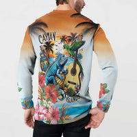 Cayman Islands Button Sweatshirt Iguanas And Parrot Hisbius Flower - Wonder Print Shop