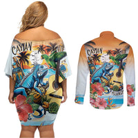 Cayman Islands Couples Matching Off Shoulder Short Dress and Long Sleeve Button Shirt Iguanas And Parrot Hisbius Flower - Wonder Print Shop