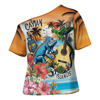 Cayman Islands Cross Shoulder Shirt Iguanas And Parrot Hisbius Flower - Wonder Print Shop