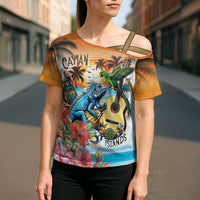 Cayman Islands Cross Shoulder Shirt Iguanas And Parrot Hisbius Flower - Wonder Print Shop