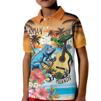 Cayman Islands Kid Polo Shirt Iguanas And Parrot Hisbius Flower - Wonder Print Shop