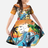 Cayman Islands Kid Short Sleeve Dress Iguanas And Parrot Hisbius Flower - Wonder Print Shop