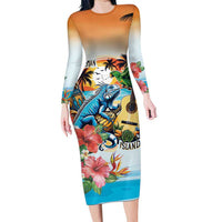 Cayman Islands Long Sleeve Bodycon Dress Iguanas And Parrot Hisbius Flower - Wonder Print Shop