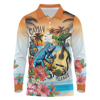 Cayman Islands Long Sleeve Polo Shirt Iguanas And Parrot Hisbius Flower - Wonder Print Shop