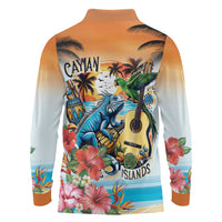 Cayman Islands Long Sleeve Polo Shirt Iguanas And Parrot Hisbius Flower - Wonder Print Shop