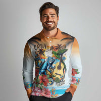 Cayman Islands Long Sleeve Polo Shirt Iguanas And Parrot Hisbius Flower - Wonder Print Shop