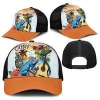 Cayman Islands Mesh Trucker Cap Iguanas And Parrot Hisbius Flower - Wonder Print Shop