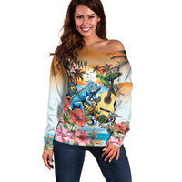 Cayman Islands Off Shoulder Sweater Iguanas And Parrot Hisbius Flower - Wonder Print Shop