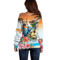 Cayman Islands Off Shoulder Sweater Iguanas And Parrot Hisbius Flower - Wonder Print Shop