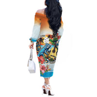 Cayman Islands Off The Shoulder Long Sleeve Dress Iguanas And Parrot Hisbius Flower - Wonder Print Shop