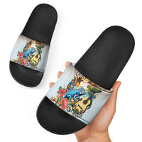 Cayman Islands Slide Sandals Iguanas And Parrot Hisbius Flower - Wonder Print Shop