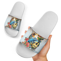 Cayman Islands Slide Sandals Iguanas And Parrot Hisbius Flower - Wonder Print Shop